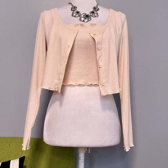 bp Tops - BP Cream Ribbed Crop Top Twin Set Tank & Long Sleeve Button Up NEW Small